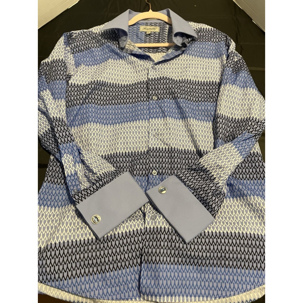Fratello Dress Shirt Men 16.5 34-35 Blue Pattern Geo Chevron Stripe French Cuff